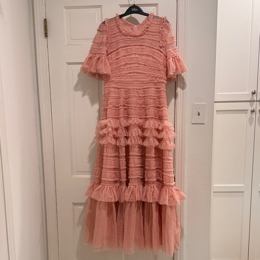 Elegant Ruffled Midi Dress in Soft Pink